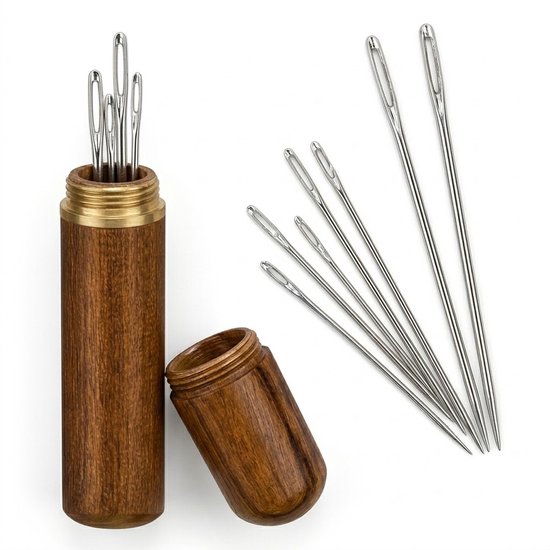 Zilverkleurig naalden set automatische inrijg naalden metalen hand naalden 30 stuks met inrijger in houten opbergkoker voor naaien borduren en handwerk senioren