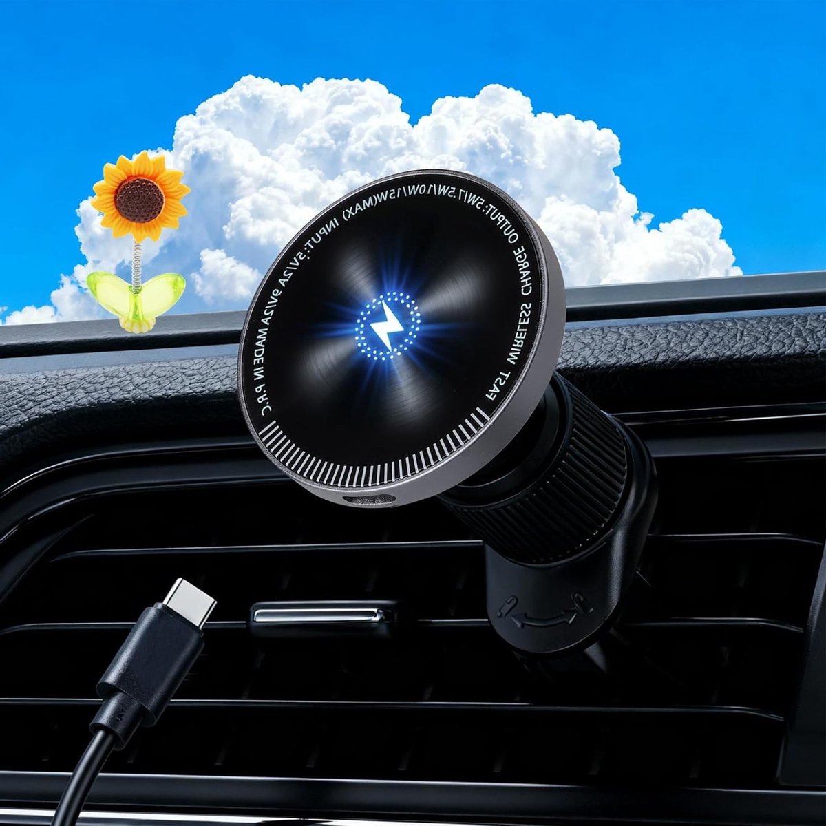 Autohouder met Oplaadfunctie, Magnetische Bediening, 15W Draadloos, Zonnebloem Design, Geschikt voor Smartphone