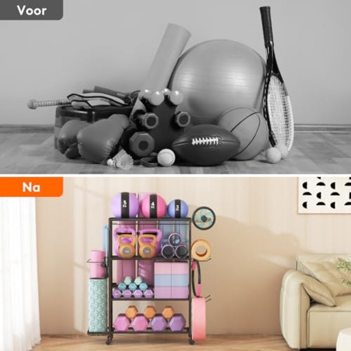 Yogamat Opbergrek - 4-laags Fitness Accessoires Organizer voor Halter, Kettlebell, Yogablok, Schuimrol - Verrijdbaar met Zwakwielen en Haken - Zwart – foto 3