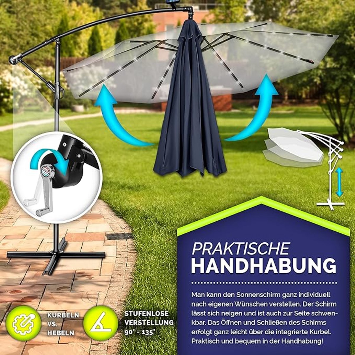 Zweefparasol Ø 350 cm met LED Verlichting & Solar Paneel – Kantelbaar – Aluminium Frame – UV50+ Waterafstotend – Inclusief Voet & Handslinger – Luxe Tuinparasol voor Balkon & Terras – Mobili Bella