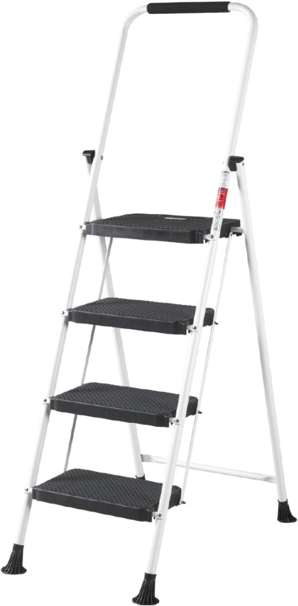 MKSS® Huishoudtrap 4 Treden - Keukentrap - Inklapbaar - Antislip - Extra Stevig - Wit met zwart