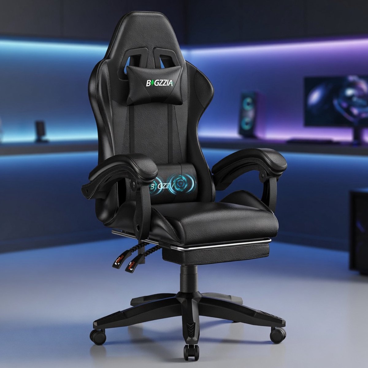Ergonomische Gamingstoel met Massagefunctie, Voetensteun & Verstelbare Rugleuning 90–135° – Inclusief Hoofdsteun & Lendenkussen – Gaming Bureaustoel PC Stoel tot 130 kg – Zwart – Mobili Bella