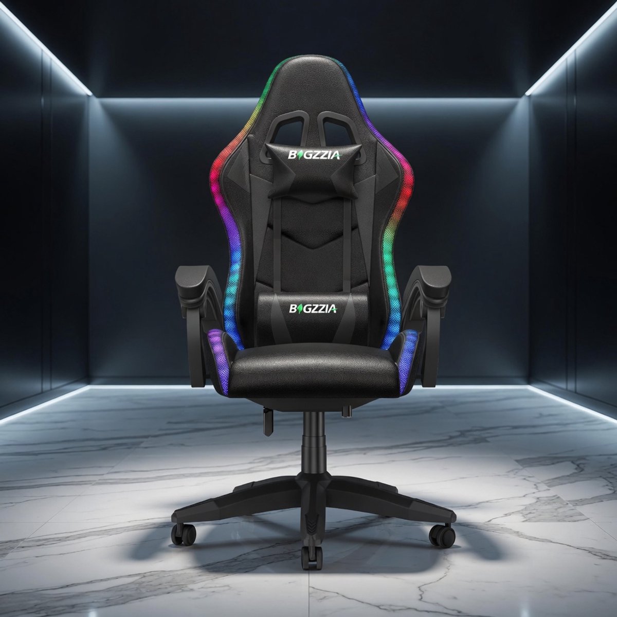 Ergonomische RGB LED Gamingstoel met Hoofdsteun en Lendensteun – Gaming Stoel / Bureaustoel van PU Leer, 360° Draaibaar, Verstelbare Rugleuning tot 155°, Comfortabele PC Stoel voor Jongeren en Volwassenen – Zwart – Mobili Bella