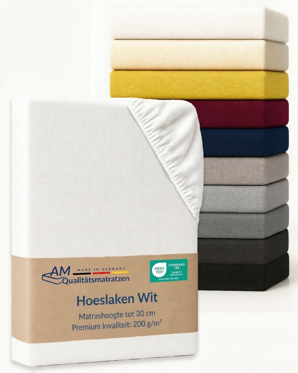 AM Qualitätsmatratzen Premium hoeslaken 100 x 210 cm (200gsm) in Wit - Made in Germany - OEKO TEX gecertificeerd topper hoeslaken - Jersey hoeslaken - Fitted Sheets