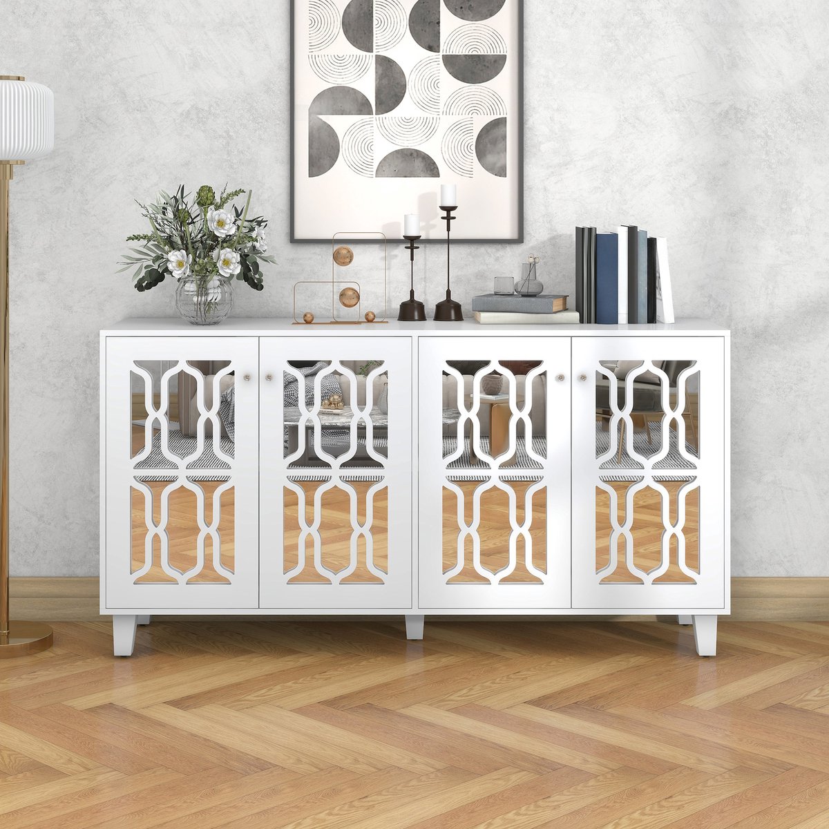 BLACKCOLORS Wit spiegelend dressoir met koele kristallen handgrepen, vier deuren, met beweegbaar laminaat. Voor woon- en eetkamer, 160 x 40 x 84 cm