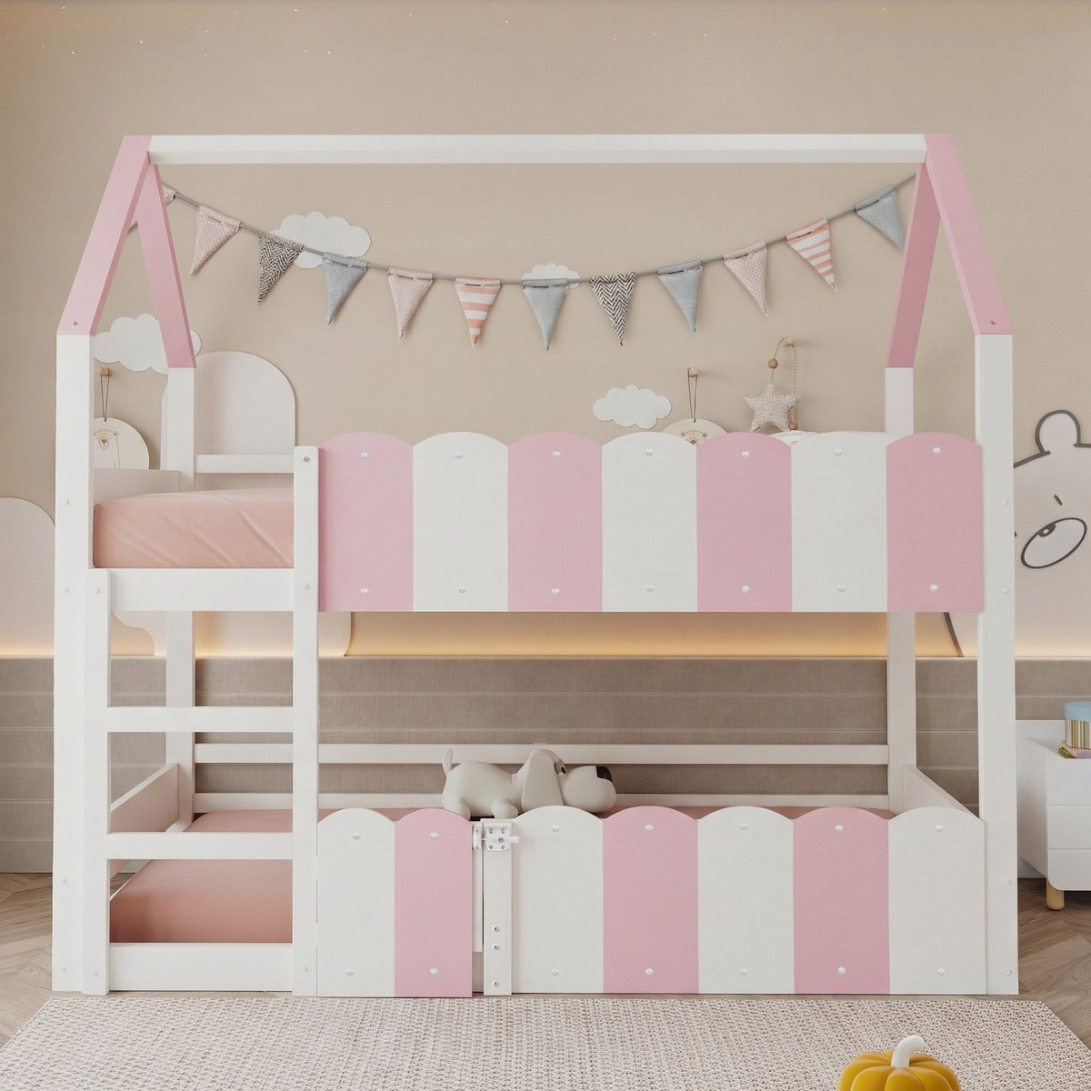 VVBV Kinderstapelbed 90x200 cm, Huisbed met Verhoogde Uitvalbeveiliging & Lattenbodem, Hout, Roze/Wit