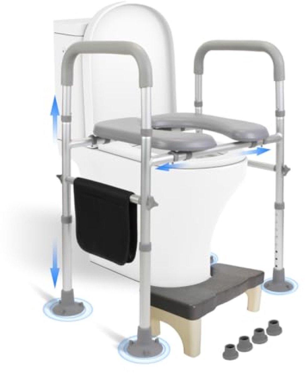 Toiletverhoger voor volwassenen en senioren - Verstelbare hoogte (68-85 cm) en breedte (55-64 cm) - Met armleuningen, antislip voetkussens en traagschuim zitkussen - Draagbaar en multifunctioneel - Maximale belasting 150 kg