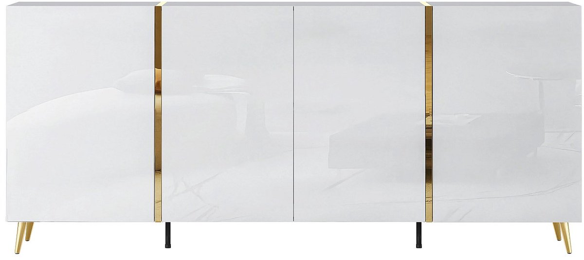 Vente-unique Dressoir met 4 deuren - 200 cm - Hoogglans wit en Goud - MARZIALO
