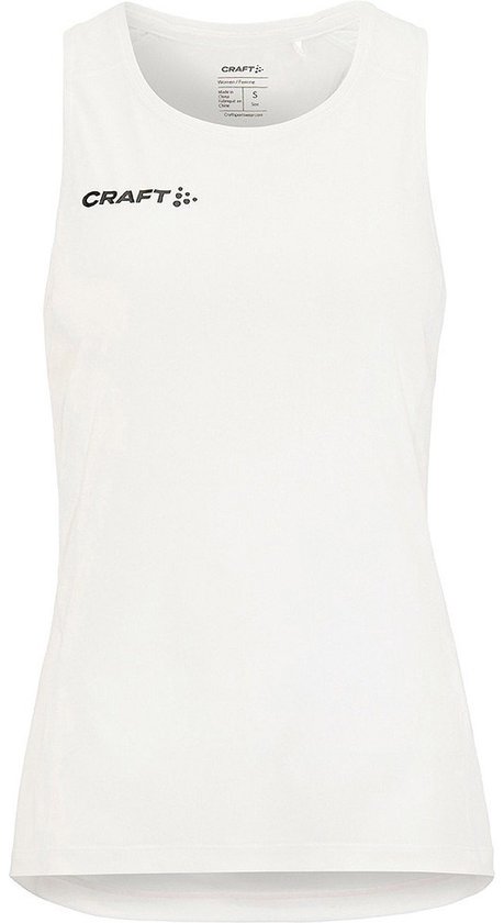 Débardeur de sport blanc Craft avec col rond et logo Craft sur la poitrine gauche.