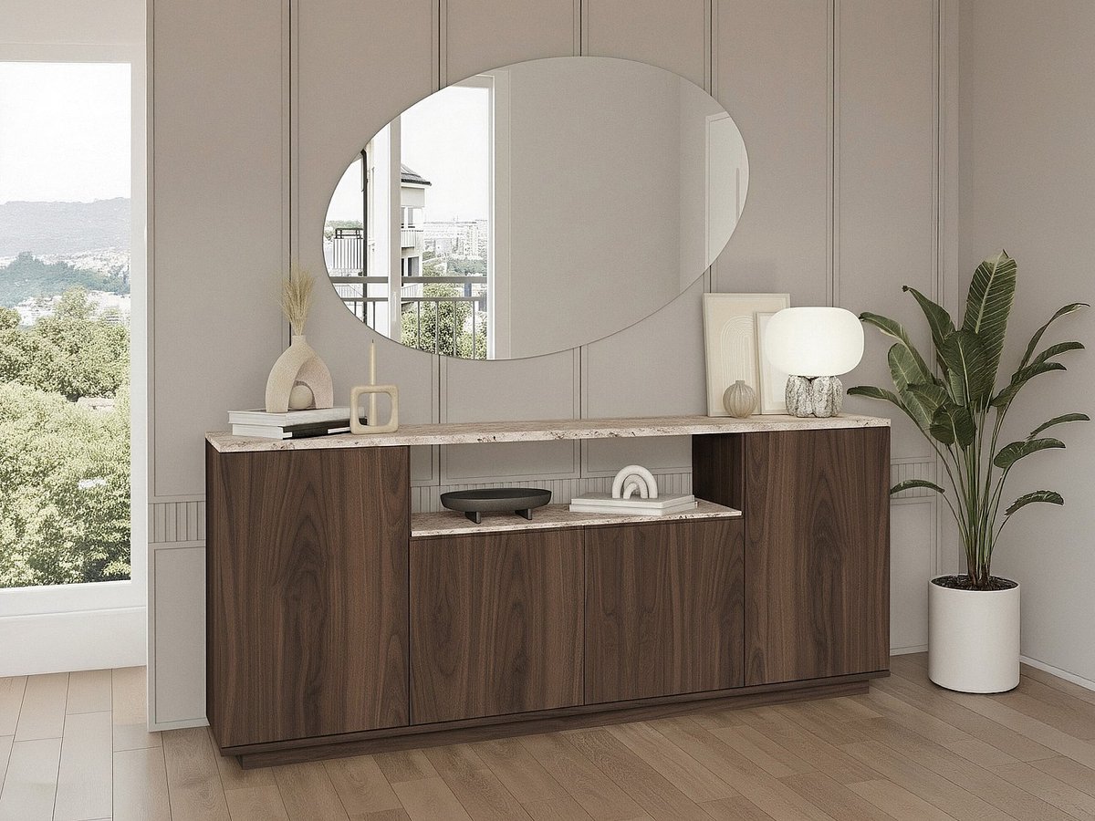 Vente-unique Buffetkast met 4 deuren en 1 plank - Donker naturel en beige travertijn effect - LOTULA