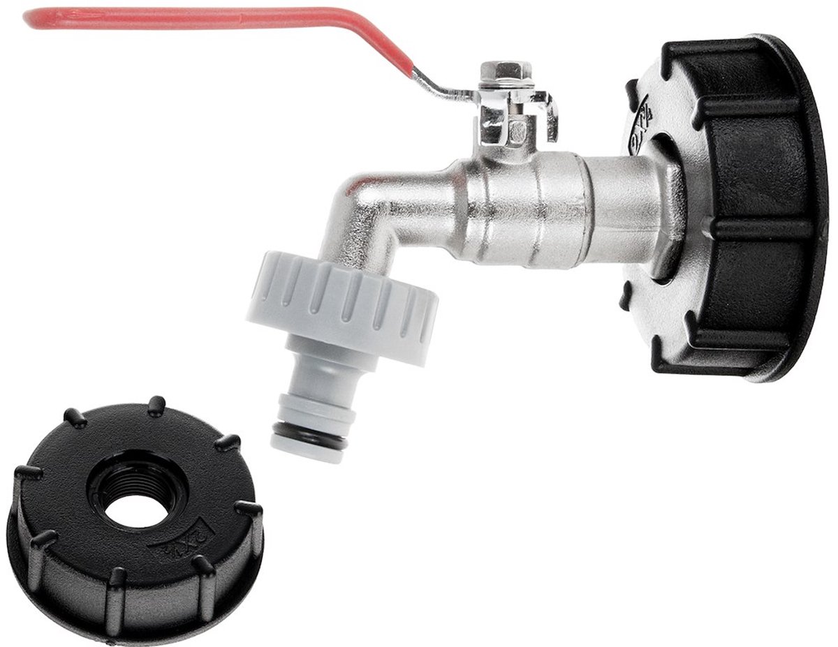Garronda IBC uitloopkraan set S60x6 - 3/4 inch naar 1 inch - buitendraad adapter - voor IBC-tank en regenton - waterkraan met snelkoppeling nippel - gecontroleerde waterafvoer - GD-0211