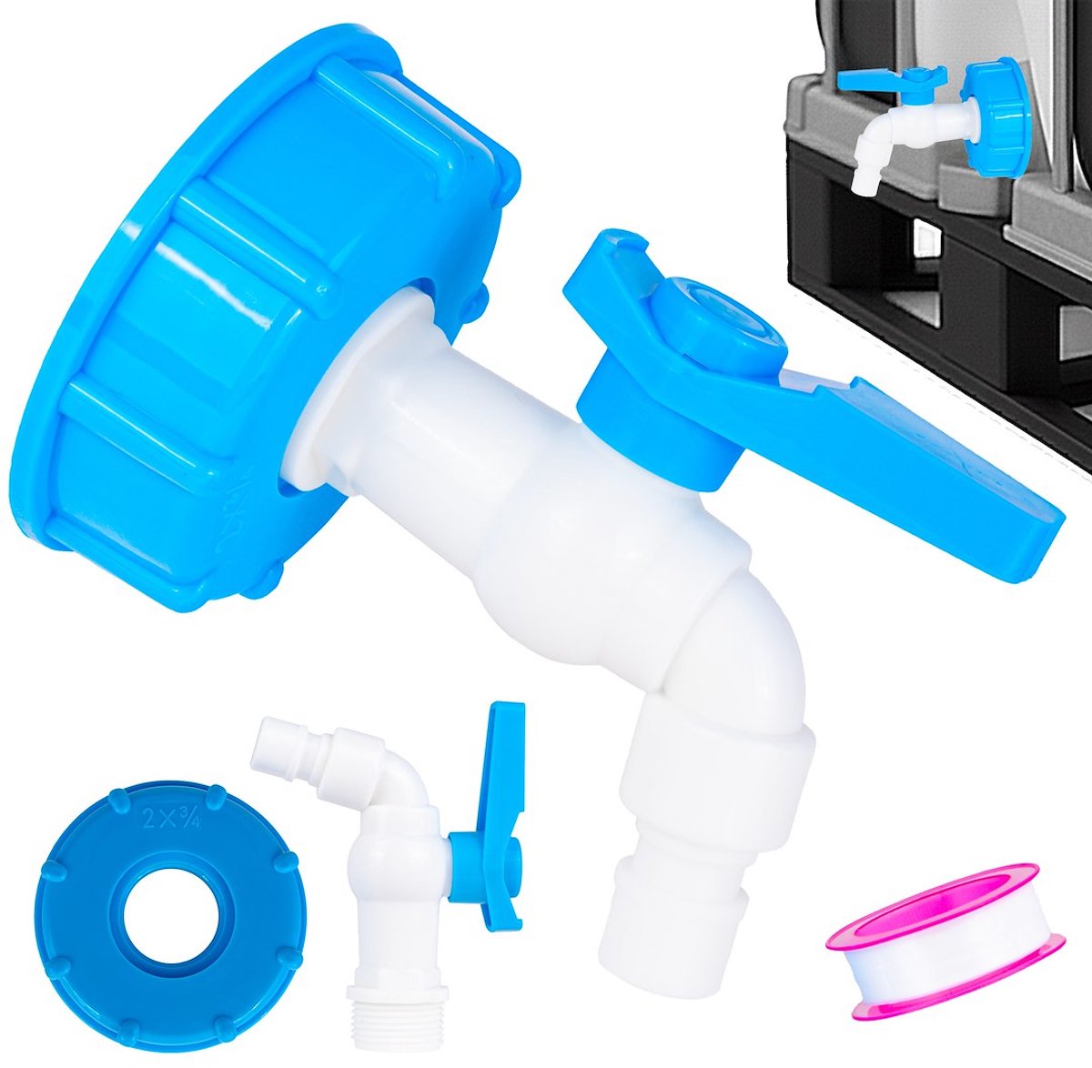 Garronda IBC kraan set S60x6 - 3/4 inch kogelkraan - complete set - met PTFE afdichtingstape - adapter - voor IBC-tank en Mauser - afvoerkraan - GD-0215