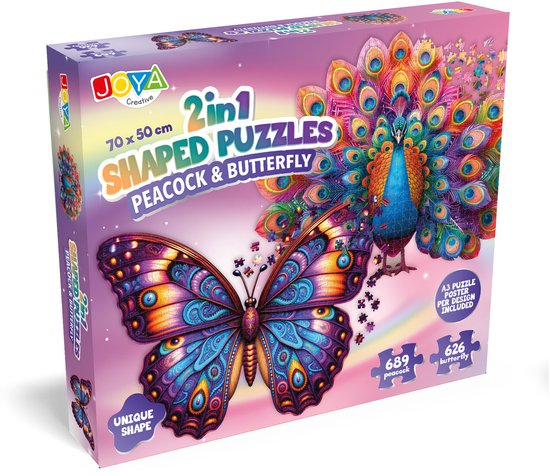 Boîte de deux puzzles 2-en-1 : un paon aux plumes colorées et un grand papillon, tous deux de formes uniques. Dimensions 70x50 cm.