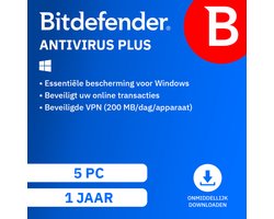 Bitdefender Antivirus Plus - 12 Maanden - 5 Apparaten - 1 Gebruiker - Nederlands - Windows Download
