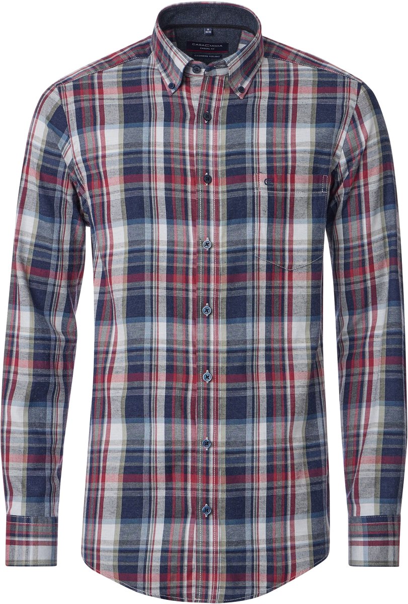 CASA MODA Sport casual fit overhemd - flanel - blauw - rood - grijs geruit - Strijkvriendelijk - Boordmaat: 47 - 48