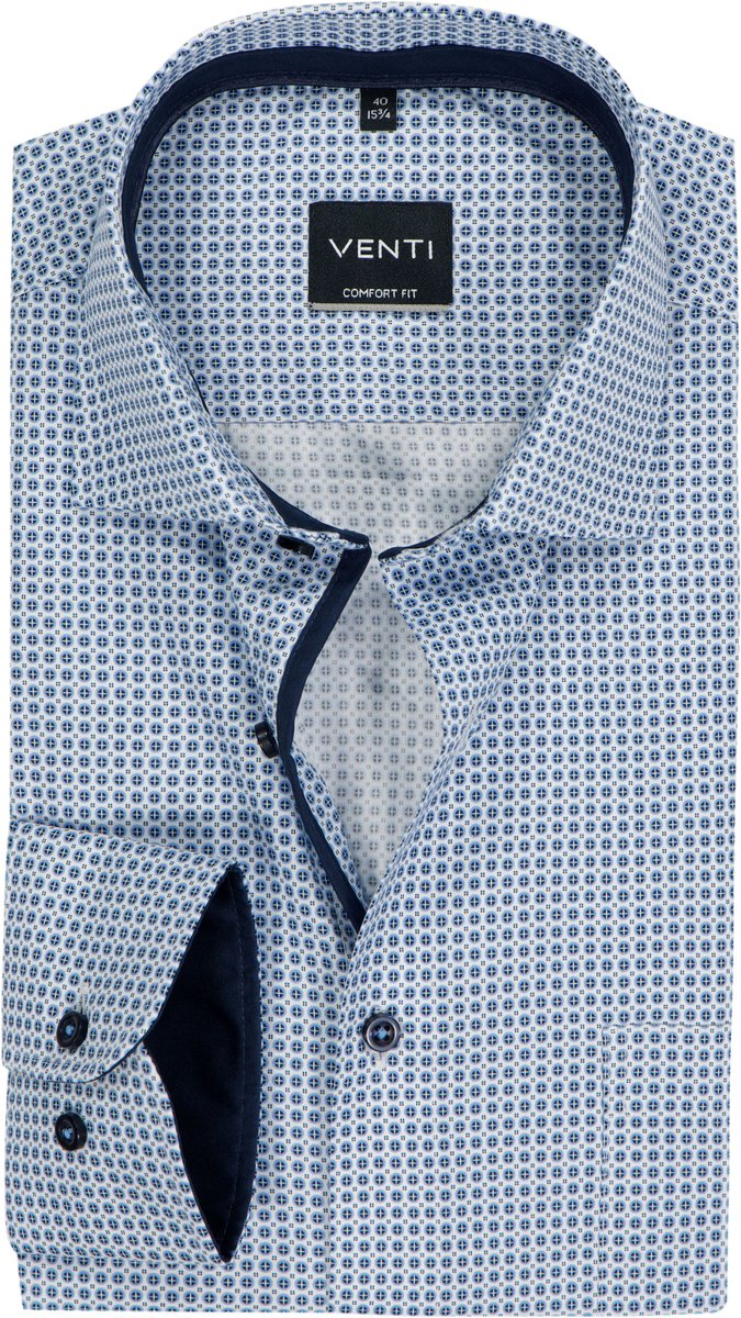 VENTI CASA MODA comfort fit overhemd - popeline - wit met licht- en donkerblauw dessin - Strijkvriendelijk - Boordmaat: 44