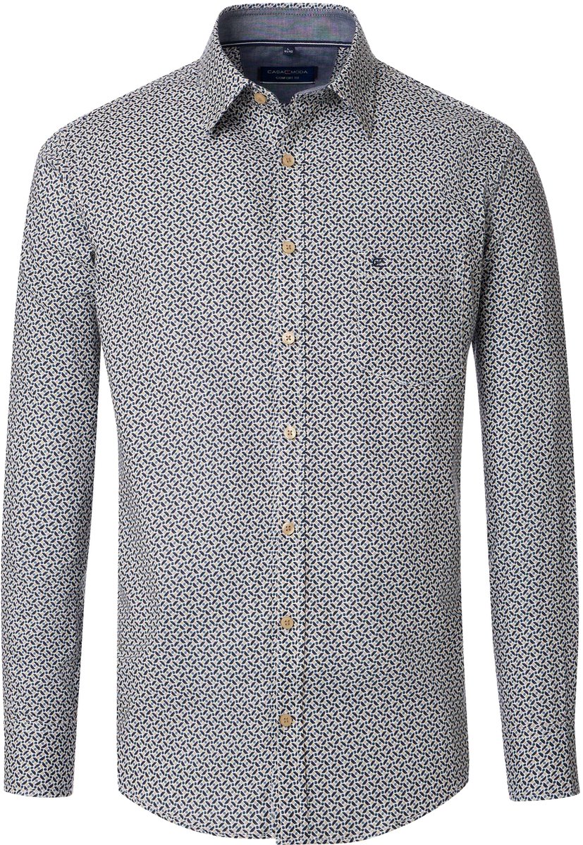 CASA MODA Sport comfort fit overhemd - twill - wit met blauw en beige dessin - Strijkvriendelijk - Boordmaat: 43 - 44