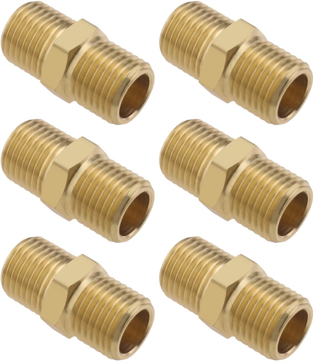 Allecto - Messing Pijp Montage - Koppeling Adapter - Duurzaam en Corrosiebestendig - Goud - Lucht Water Olie Brandstof - 6 Stuks - Geschikt voor Hu...