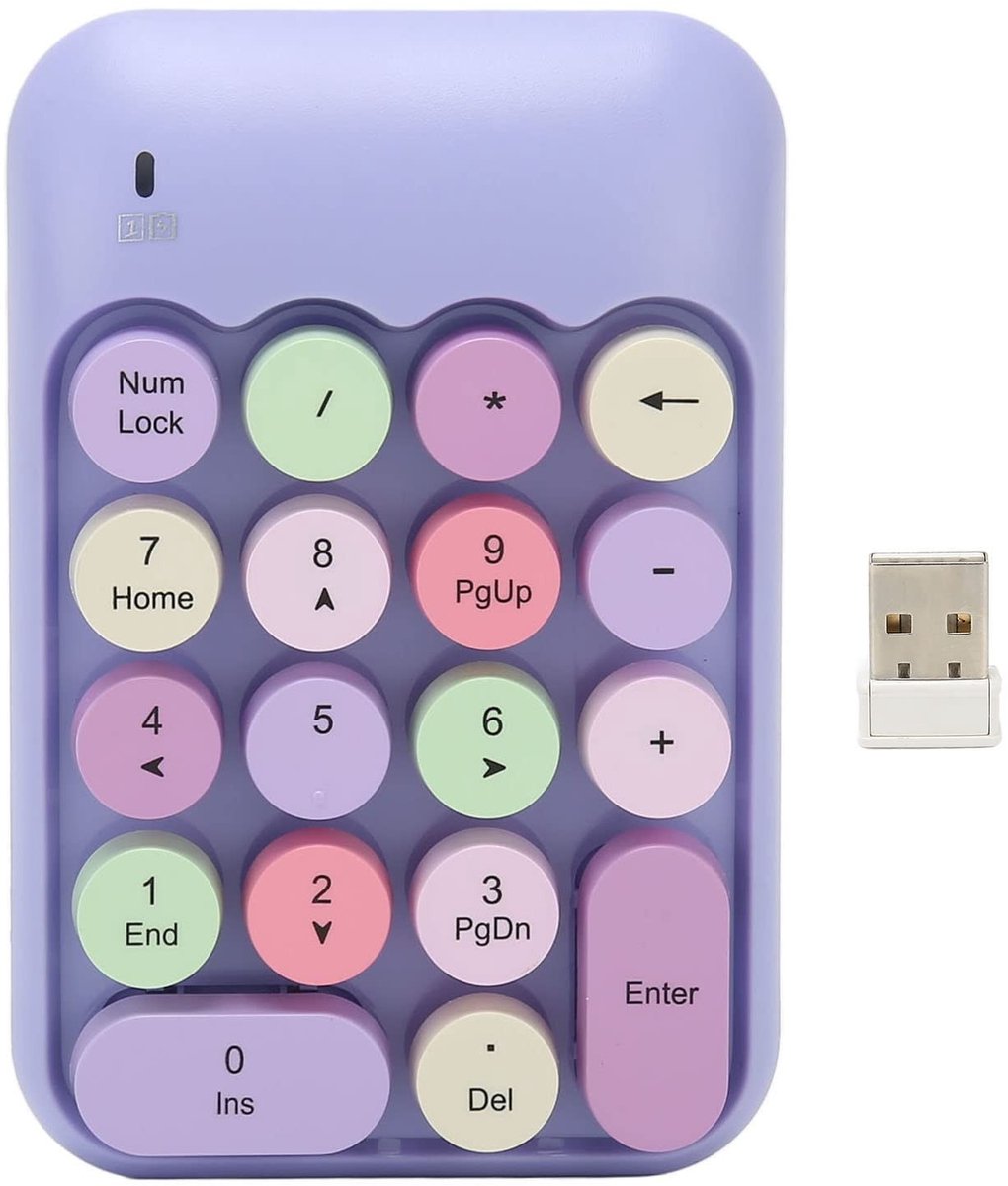 Allecto - Draadloos Numeriek Toetsenblok - Retro Toetsenbord - Compact en Kleurrijk - Paars Thema - 18 Toetsen - Geschikt voor Computer en Laptop