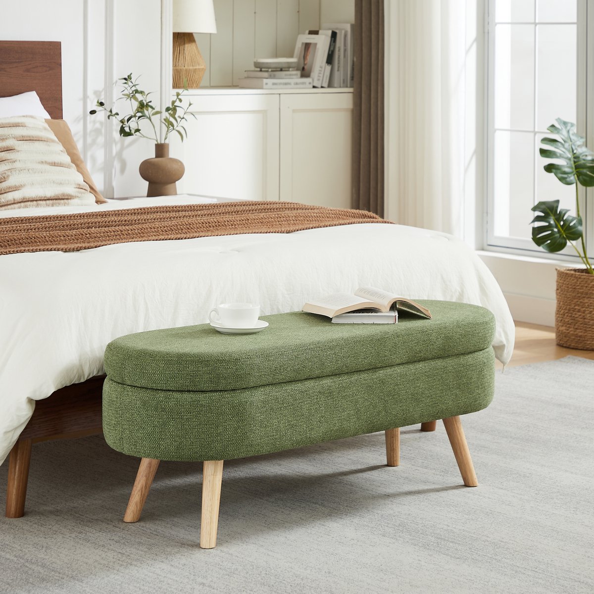 Wishdor - Opbergbank - Gevoerd Zitvlak Met Ventilatieopeningen En Antislipvoeten - Compact Modern Ovaal Ontwerp Met Opbergruimte - Voor Hal - MDF Frame En Chenille Bekleding - Groen - 110 Cm