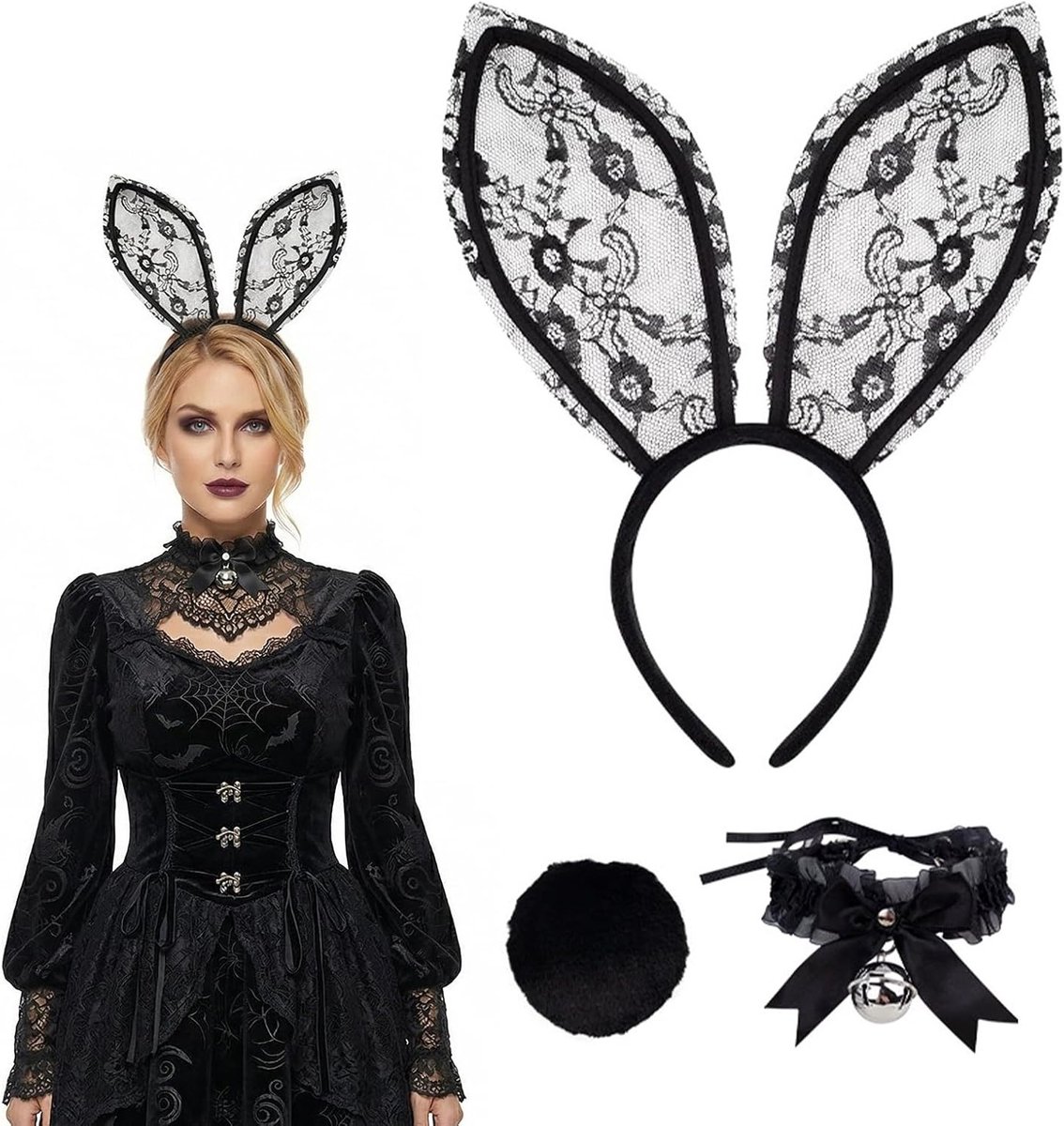 Zwarte kant haarband met konijnenoren, halsband en staart - complete kostuumset voor Halloween, carnaval en cosplay evenementen