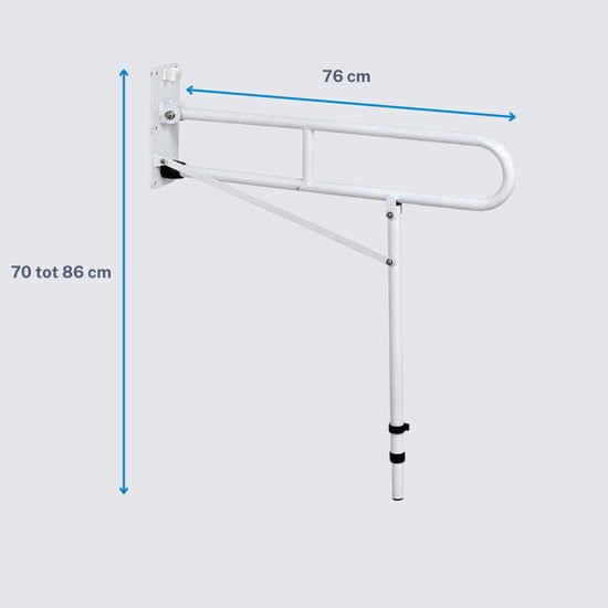 Wit opklapbare toiletbeugel met steunpoot. Afmetingen: 76 cm breed, 70 tot 86 cm hoog.