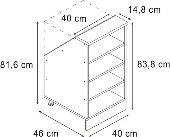 Technische tekening van een antracietkleurige kast met schuine bovenkant, 4 open vakken, poten en afmetingen.
