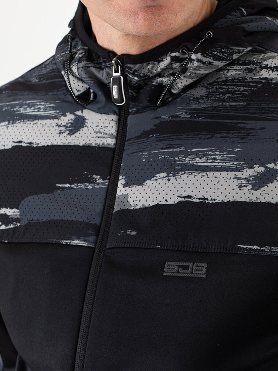 Gedetailleerd beeld van een zwart trainingsjack met camouflageprint, perforaties en ritssluiting.