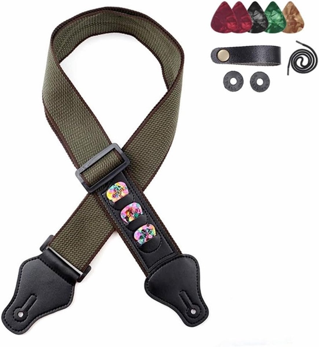 Folk Guitar Elektrische Gitaar met Katoenen Strap, Piano Hoofdband, 5 Paddles en 2 Rubber Strap Buckles in Militair Groen