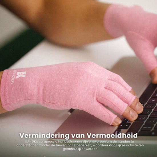 KANGKA® Reuma Compressie Handschoenen - Open vingertoppen voor Bewegingsvrijheid - Verlichting van Artritis en Reumatische Pijn - Maat L - Roze Kleur