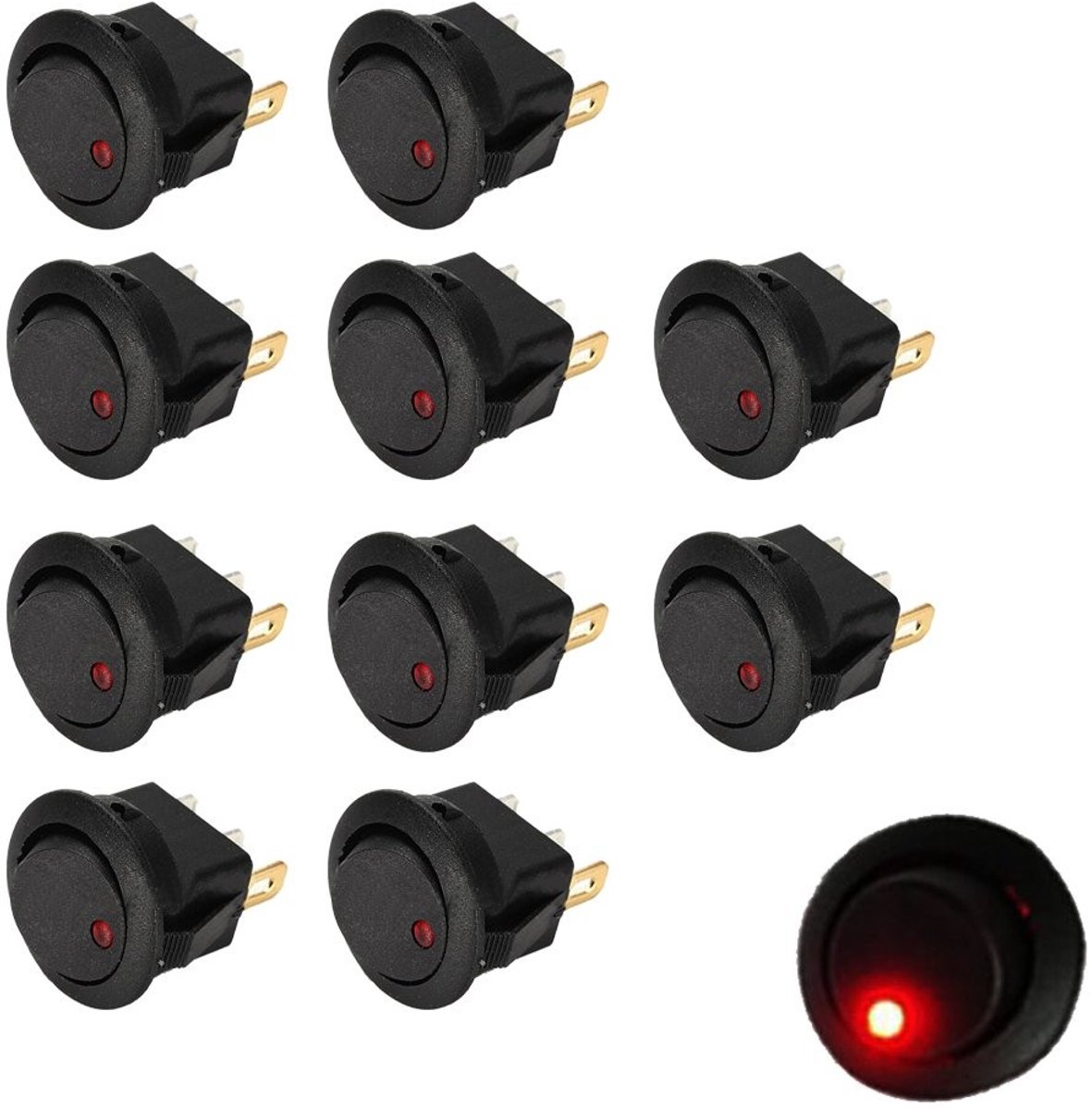 Allecto - Rocker Switch met Rood Licht - 12V 16A - ON/OFF Drukknop - 10 Stuks - Geschikt voor auto en vrachtwagen - Schakelaar