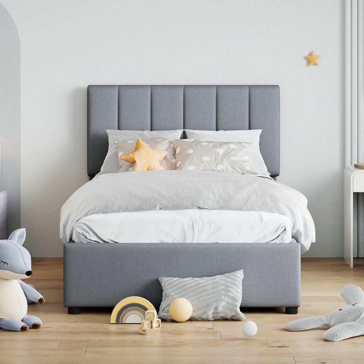 VVBV Kinderbed 90x200 – met Opbergruimte, Lattenbodem – Linnen – Grijs – Kinderbed met Kast – Hoofdbord – Hydraulische Opbergruimte
