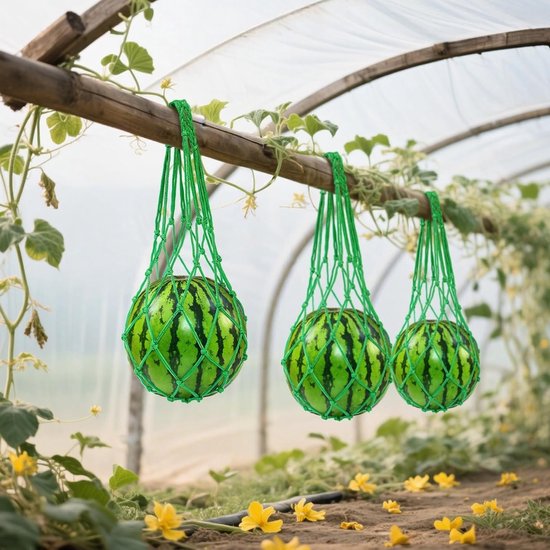 Hoogwaardige fruitsteunnetten voor watermeloen, meloen en pompoen - 12 stuks met bevestigingsnagels voor optimale ondersteuning in de tuin — afbeelding 5