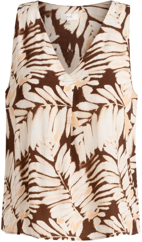 Mouwloze top met V-hals en een bruine, witte en lichtoranje bladprint.