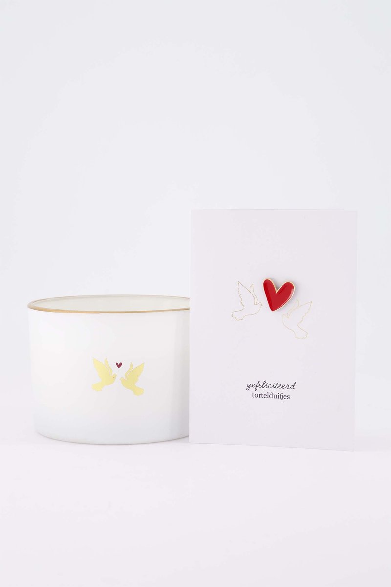 Zusss Cadeauset Ansichtkaart En Geurkaars Lovebirds - Huwelijk - Cadeau - Trouwen Glas / Paraffine Wit