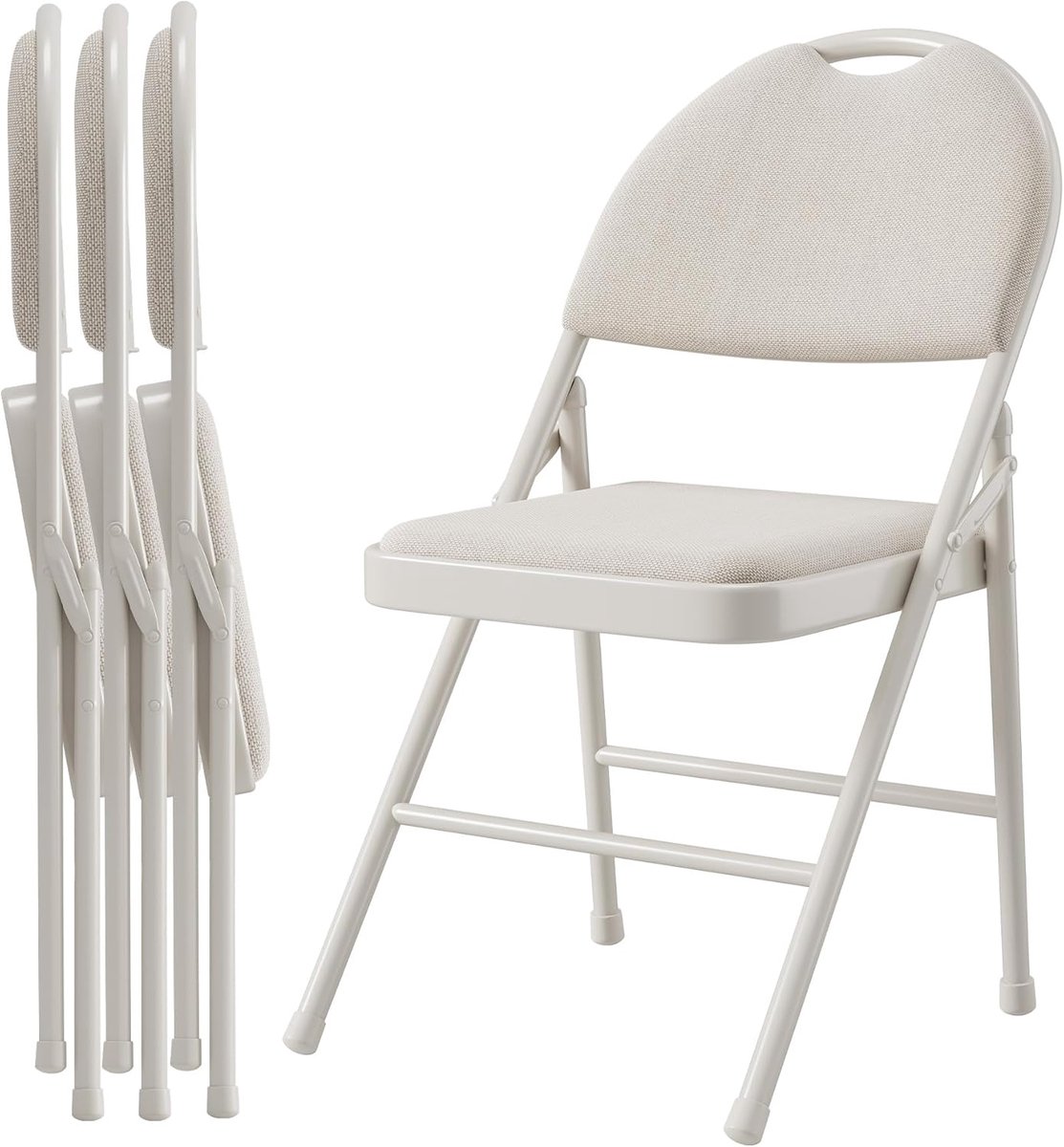 HOERFURIY Set van 4 Luxe Klapstoelen - Metalen Frame met Zachte Zitting (Katoen/Linnen) - Ruimtebesparend - Voor Binnen & Buiten - Beige