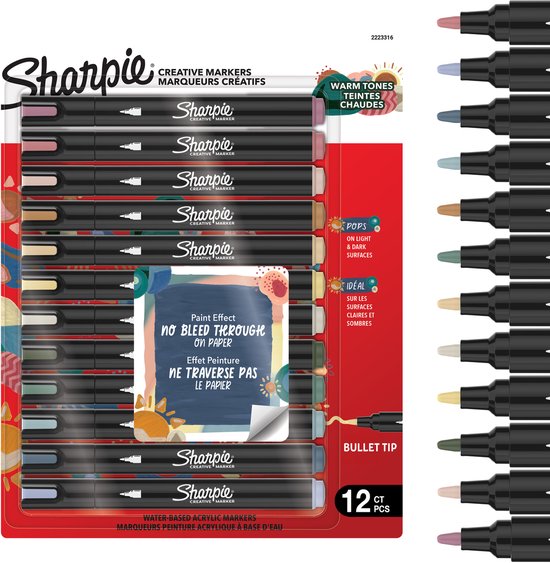 Twaalf Sharpie Creative Markers in warme tinten, verpakt in een doorzichtig plastic doosje. Zijkant toont individuele stiften met kogelpunt.