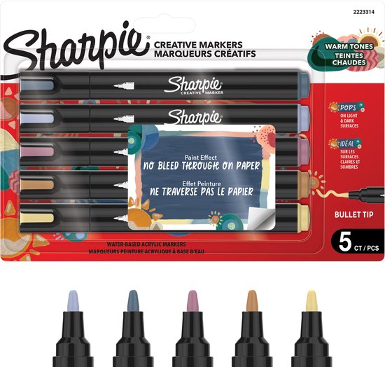 Un pack de 5 marqueurs créatifs Sharpie aux tons chauds à pointe fine. L'emballage présente des informations détaillées et des illustrations.