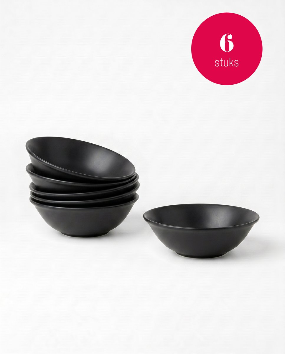 vtwonen Kommen mat zwart - Ontbijtkom - Ronde schaaltjes - Serviesset van 6 - 18cm