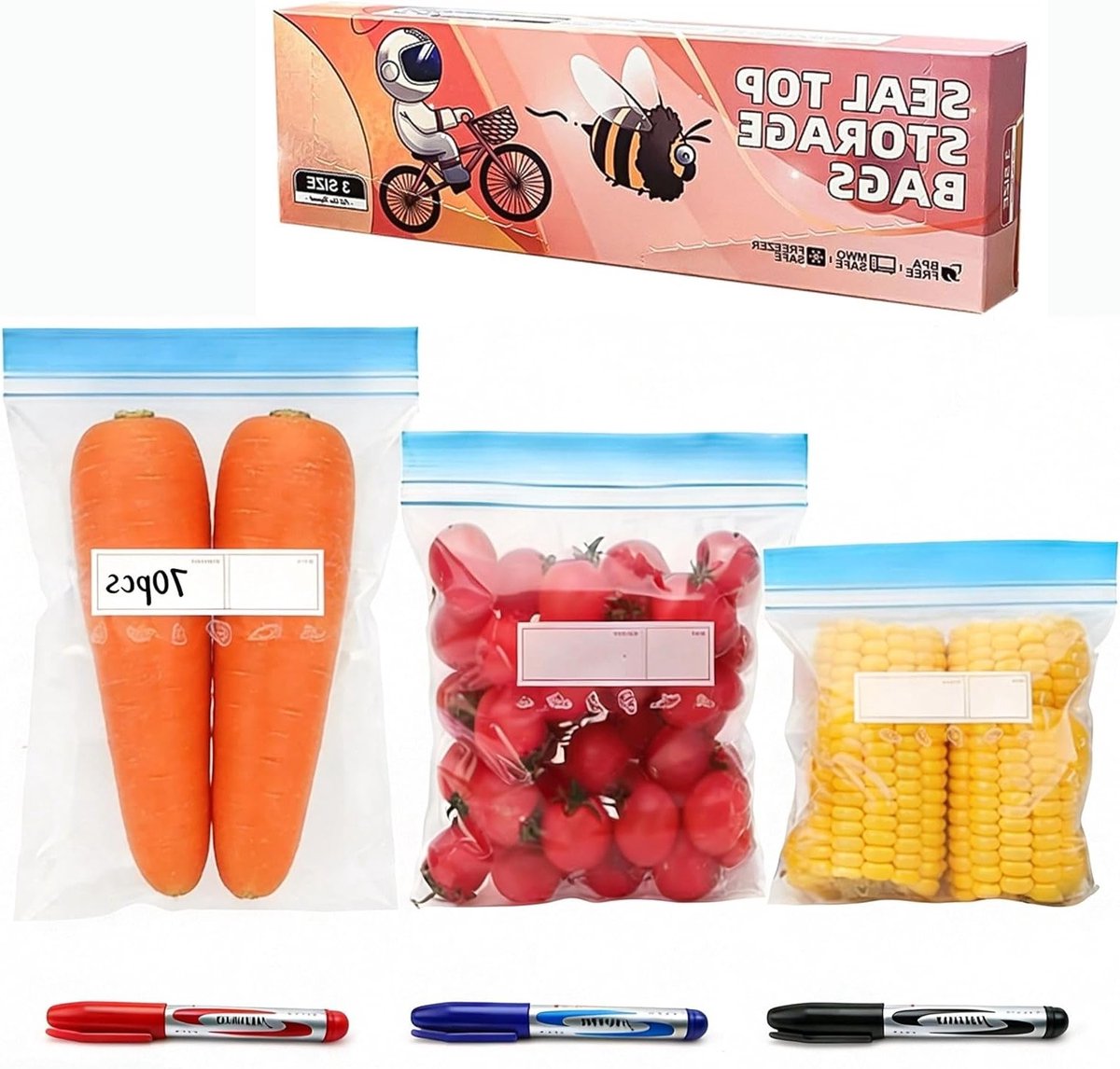 Herbruikbare diepvrieszakken, 70 stuks, ideaal voor het bewaren van groenten, fruit en vlees in 3 maten, perfect voor keuken en opslag
