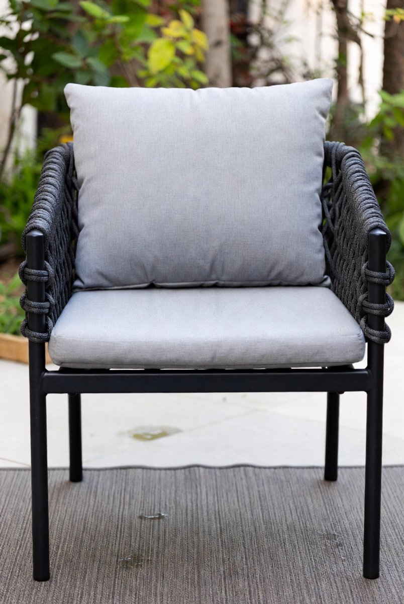 Luxe Aluminium Tuinstoel Lugano – Weerbestendige Buitenstoel met Kussens – Moderne Rope Design Fauteuil voor Tuin, Balkon & Terras – Comfortabele Tuinfauteuil Antraciet Industrohome