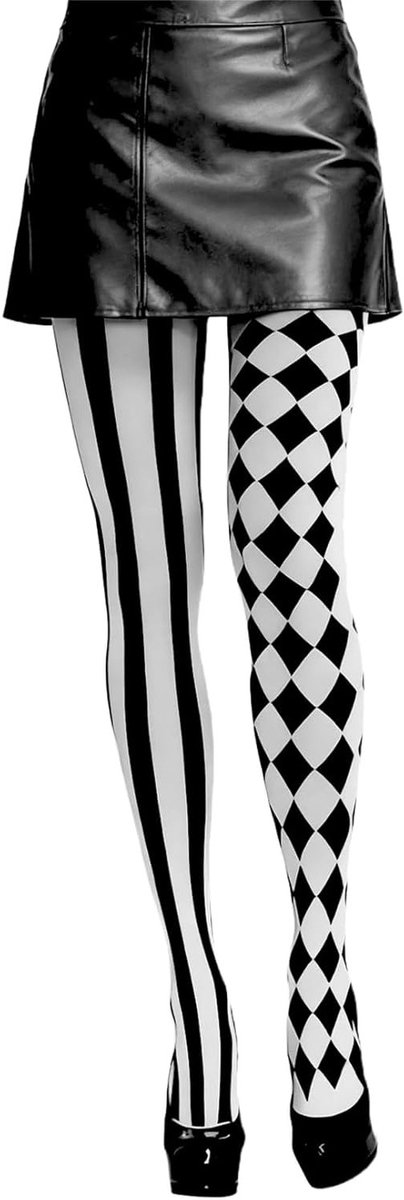 Vrouwelijk clown kostuum voor carnaval met harlekijn ontwerp, zwarte en witte accessoires en pantomime tights