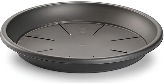 Soucoupe de pot de fleurs anthracite, diamètre 54 cm, avec un motif décoratif.