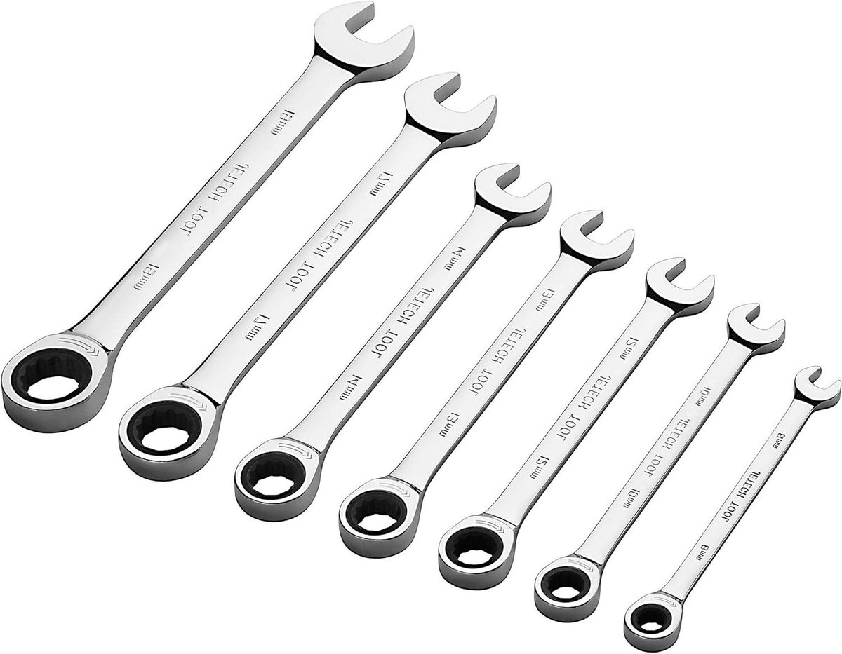 Tandwielmoersleutel Set - Ratelsleutel Set Combinatiesleutel - Monteren en Demontage - 72-Tand Ratelmechanisme - 8-19mm - Chroom