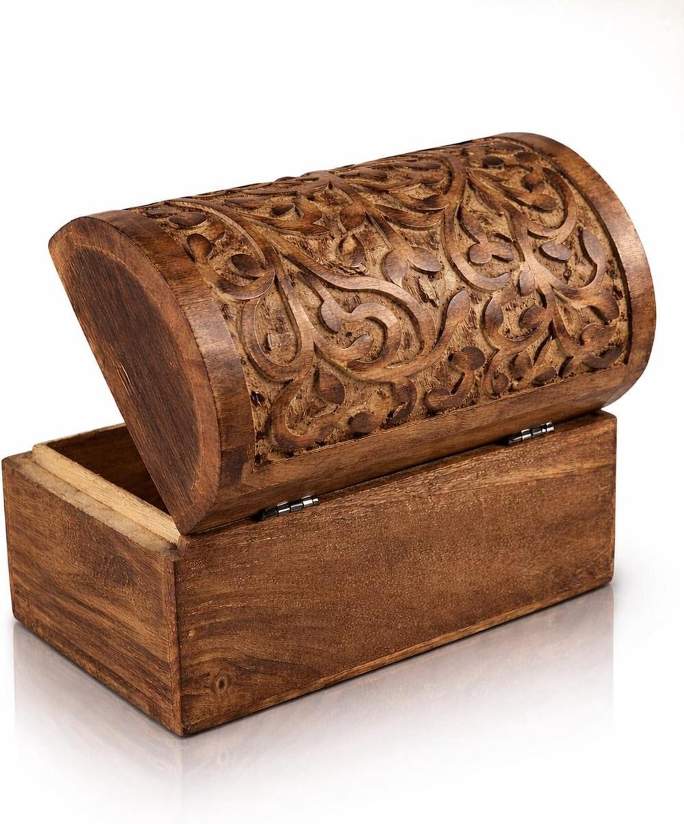 Houten Sieradenkist - Schatkist Opberger - Sieraden Opbergen - Handgemaakt Mangohout - 22 x 15 cm - Antiek