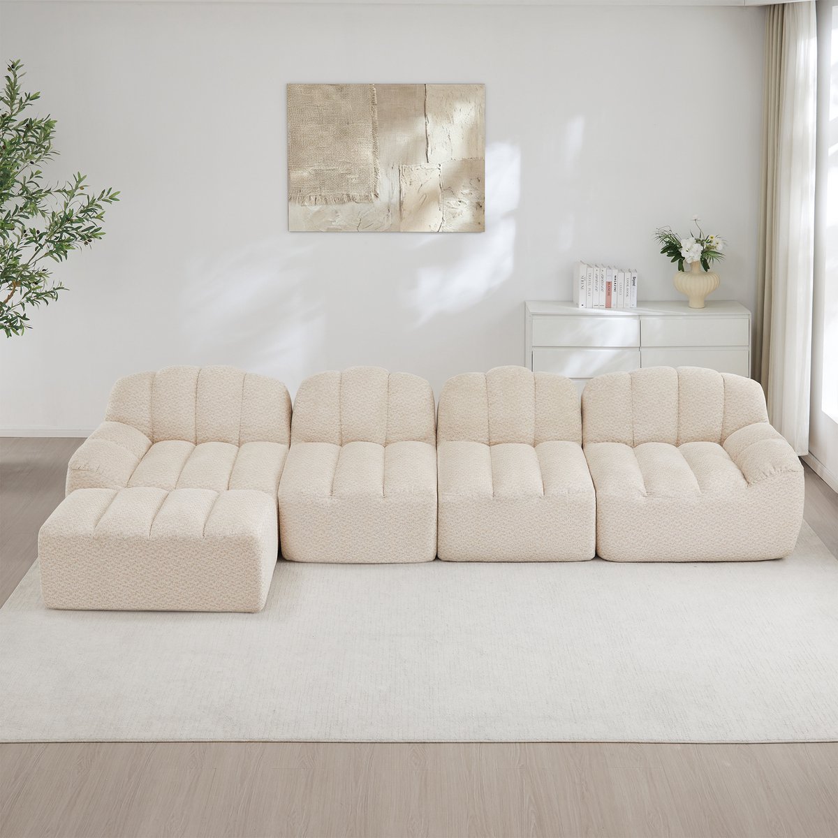MODFU Modulaire Hoekbank - Frameloos Met Ottoman - Ergonomische Vorm - Voor Woonkamer - Fleecestof - Beige-Wit Beige wit