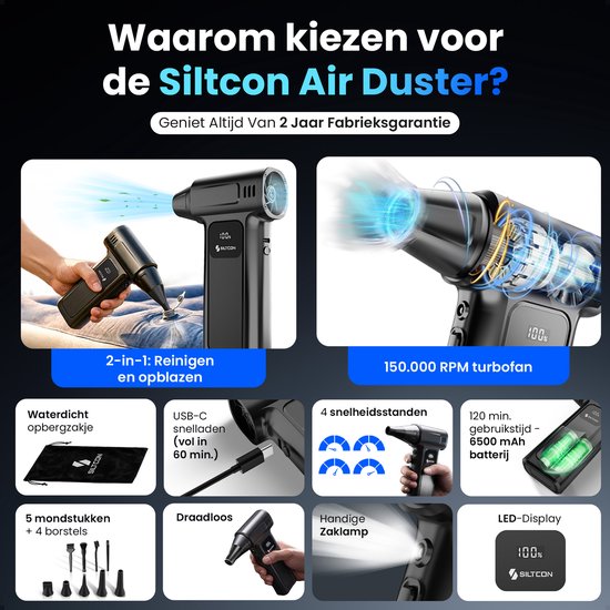 Siltcon® Air Duster Draadloos PRO - Oplaadbaar 6500 mAh - 150.000 RPM - Perslucht - Luchtblazer - Compressed Air - Turbo Fan - 5 Mondstukken - Opberghoes - LED-display - 4 Standen - O.a. Auto, Luchtbed, Bladeren en Sneeuw