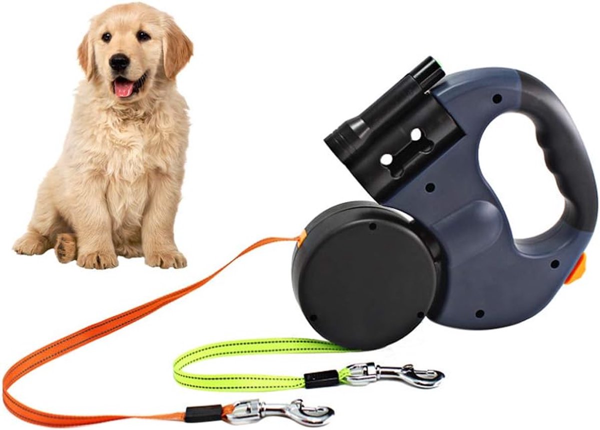 VHV - Hondenriem - Hondenriem 3 meter - Uitschuifbare dubbele hondenriem - 3 meter lange dubbele riem - Voor twee honden - Flexibele dubbele hondenriem - Met antisliphandvat - Voor kleine en middelgrote honden - Blauw