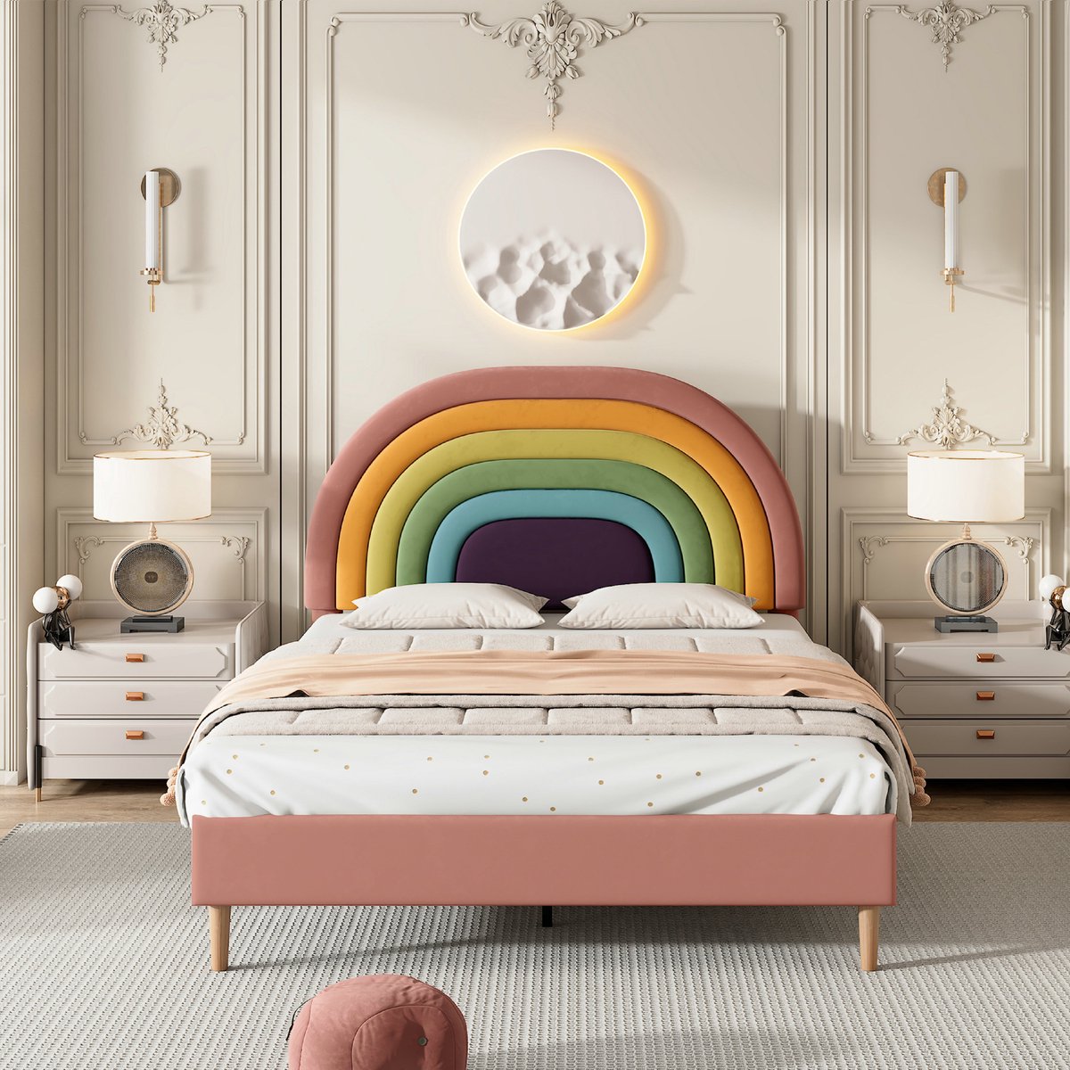 VVBV Gestoffeerd Bed 140x200 cm, Fluweel Tweepersoonsbed met Lattenbodem & Verstelbaar Hoofdbord, Roze