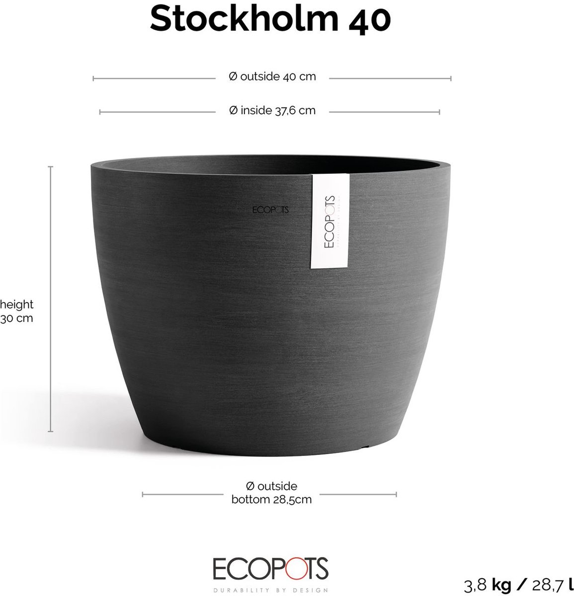 Ecopots Plastic flower pot stockholm 40x30 cm dark grey